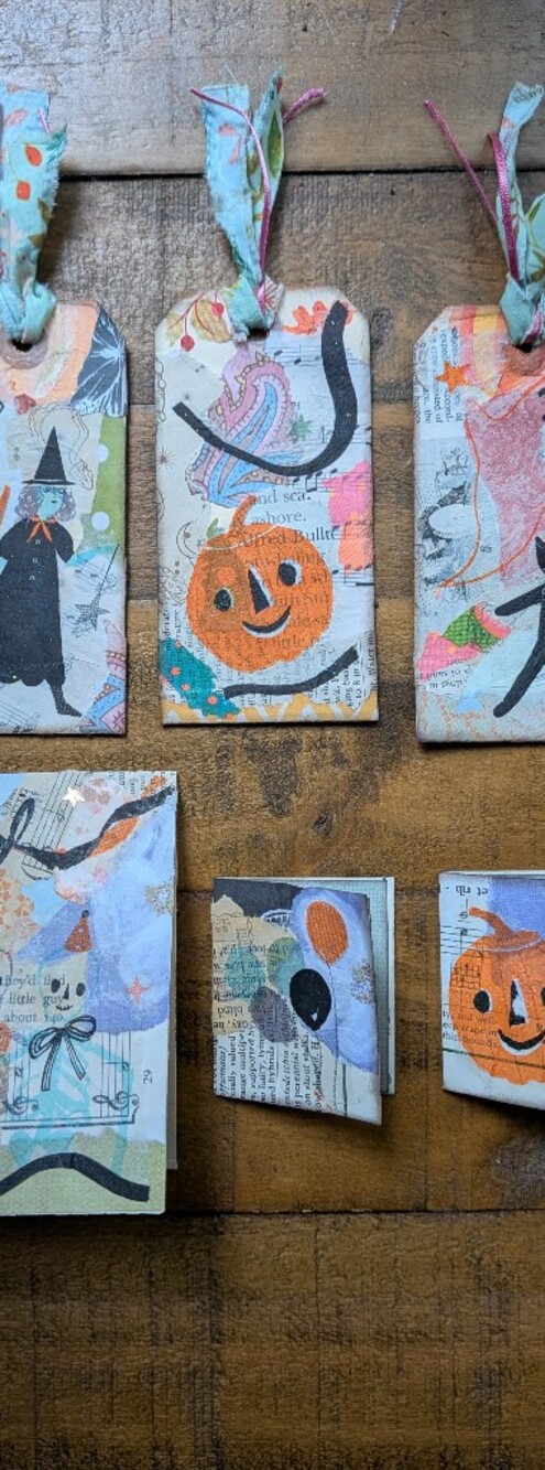 Vintage Halloween Mixed Media Tag Set & Mini Cards | Whimsical Ghost & Witch Eph